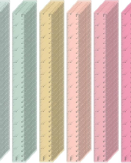 ForraFun 60 Pcs Plastic Clear Rulers 12 Inch, Transparent Assorted Color Ruler Bulk, with Imperial and Metric Scales for Home Office Supplies, Available in 6Colors(Vintage Colors)
