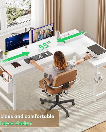 L Shaped Desk with 0.95 Inch Thicker Desktop & Storage Bag, Computer Desk with Power Outlets & Lights, Reversible Gaming Desk for Home Office, Corner Desk, Study Room, Living, Bedroom, White