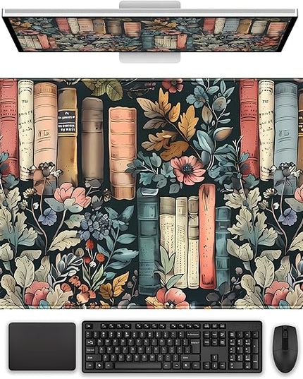 Floral Books Desk Mat Reading Desk Pad Mouse Mat XXL, Colorful Mouse Keyboard Pad Flower Bookshelf Desktop Mat, Long Computer Mats Aesthetic Desk Accessory Reader's Home Decor 31.5" x 15.7"