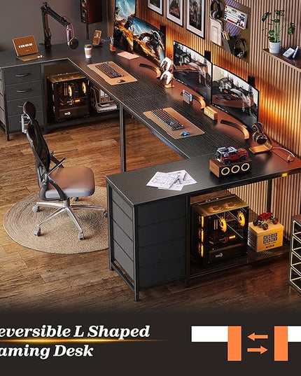 PRAISUN 53" L Shaped Desk with Power Outlets and USB-C Port, Reversible Computer Corner Office Desk with 4 Fabric Drawers and 2 Height-Adjustable Shelves, Large for Gaming Writing Work Study, Black