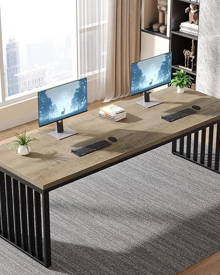 Tribesigns 78.74" Extra Long Computer Desk 2 Person Desk, Double Long Desk with Heavy Duty Metal Frame, Double Workstation Study Table for Home Office, Brown (Without Chair) (Gray & Black)