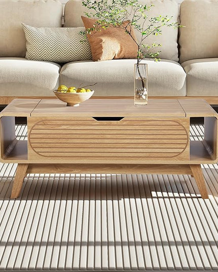 Small Lift Top Coffee Table with Hidden Compartment, Mid Century Modern Curved Coffee Table with Storage Shelf, Wooden Rectangle Center Table with Lift Tabletop for Living Room, Office (Natural)
