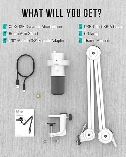 FIFINE Podcast XLR/USB Microphone Kit, Studio Dynamic Vocal Mic for Recording, Streaming, Voice-Over, PC Microphone with Boom Arm with Mute, Headphone Monitoring, Metal-AmpliTank K688T White