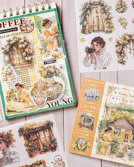 YagCu Garden Journal Sticker Book, 50 Sheets Washi Junk Journaling Sticker, Scrapbook Supplies, Watercolor Scrapbooking for Adults, Yellow Decorative Ephemera Arts Craft
