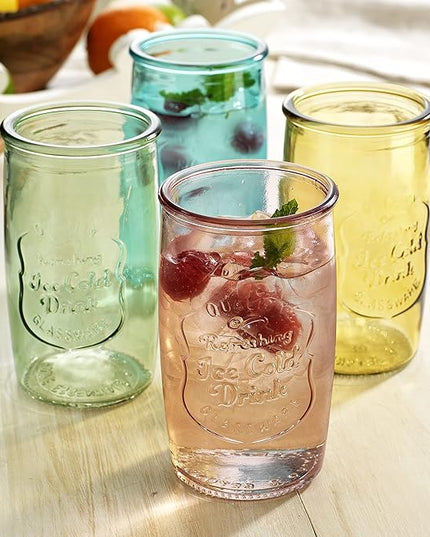 Glaver's Colored Glassware, Ice Cold Drinking Glasses Set of 4 – 20 Oz Vintage Glass Cups for Kitchen, Dining Table – Multi- Colors Glass Tumblers. Hand Wash.