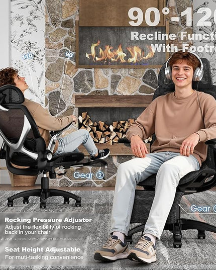ELABEST X100 Ergonomic Mesh Office Chair with Footrest, Big and Tall Hone Desk Chair with 5D Flip-Up Arms, Adjustable 3D Lumbar Support,Gaming & Executive Computer Chairs for Long Hours(Midnight Mist)