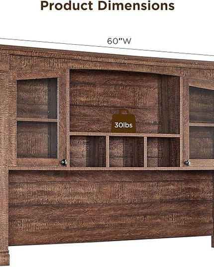 OKD Farmhouse Hutch for 60" Executive Desk, Office Desk Storage Cabinet with Glass Doors and Shelves, Top Hutch Organizer for Home Office - Reclaimed Barnwood