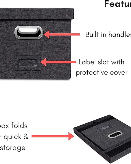 Internet's Best Collapsible File Storage Organizer with Lid - Decorative Linen Filing & Storage Office Box – Hanging Letter/Legal Folder – Home Office Bins Cabinet – Charcoal Container - 6 Pack