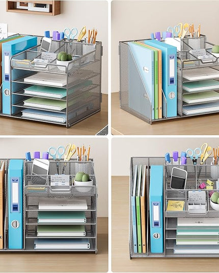 Lavatino 5-Tier Metal Mesh Desk Organizer with 2 File Holders & 7 Customizable Compartments | Paper Letter Tray for Office or Home Desk Storage | Keep Workspace Supplies Neat & Organized, Silver