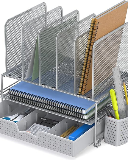 Simple Houseware Mesh Desk Organizer with Sliding Drawer, Double Tray and 5 Upright Sections, Silver