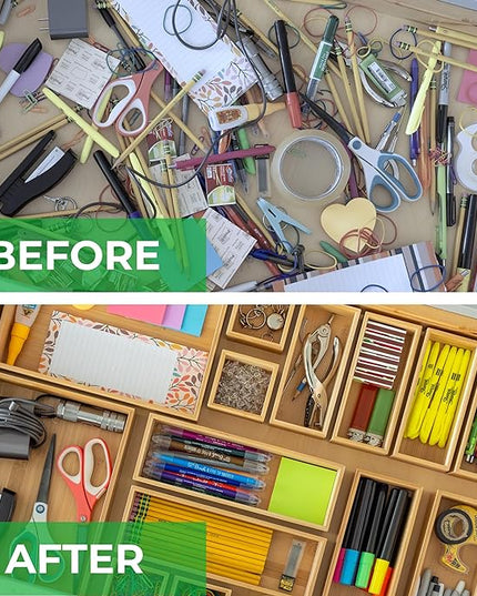 Grow Forward Bamboo Drawer Organizer Boxes - Set of 14 Wooden Drawer Organizers for Kitchen, Bathroom, Office, Desk, Vanity, Makeup - Non-Slip Junk Drawer Organizer Trays for Storage and Organization