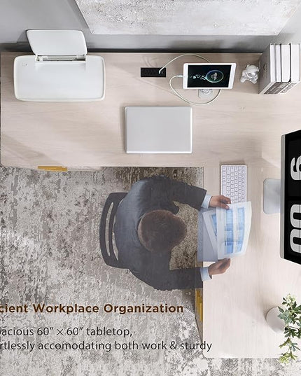 T4TREAM 60" Fluted Executive L Shaped Desk, Modern Home Office Desk with Charging Station and File Drawer, Computer Corner Desks with Drawers & Storage Cabinet for Office Home, Bedroom, Alder White