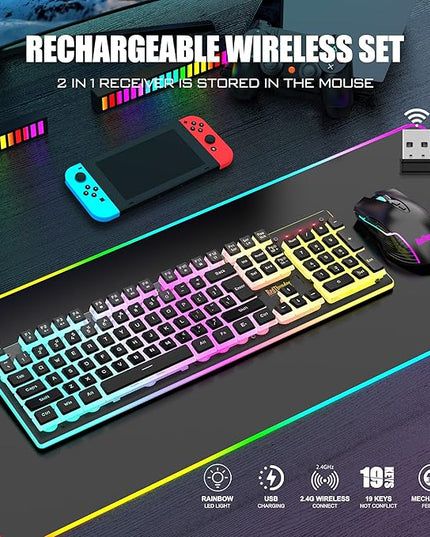 RedThunder K10 Wireless Gaming Keyboard and Mouse Combo, RGB Backlit Rechargeable 3800mAh Battery, Mechanical Feel Anti-ghosting Keyboard with Pudding Keycaps + 7D 3200DPI Mice for PC Gamer (Black)