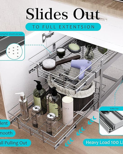 2 Tier Pull Out Cabinet Organizer 20" W X 22" D, Slide Out Drawers For Kitchen Cabinets, Pull Out Drawers For Cabinets Capacity Heavy Duty Caddy, Cabinet Pullout Shelves Chrome-Plated,Bathroom Pantry