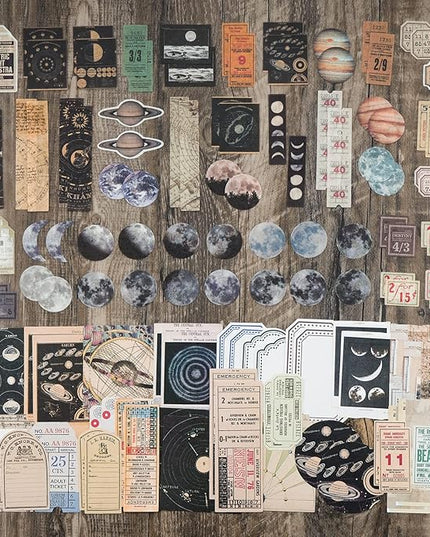 Knaid Vintage Scrapbook Supplies Pack (200 Pieces) for Witchy Junk Journal Bullet Journals Planners Space Moon Paper Stickers Craft Kits Collage (Celestial)
