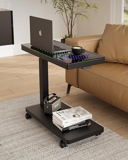 EUREKA ERGONOMIC Height Adjustable Computer Tower Stand, Illuminated Glass Panel PC Stand w/RGB Lights, 2-Tier CPU Holder Cart Under Desk, PC Floor Stand for Office Gaming, APP Control