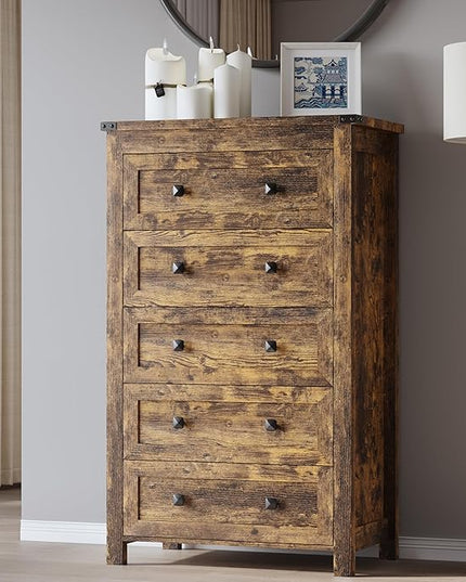 BORNOON Tall 5-Drawer Dresser, Modern Wooden Storage Chest of Drawers, Dresser TV Stand, Wood Drawer Organizer with Metal Handles for Bedroom, Living Room, Hallway