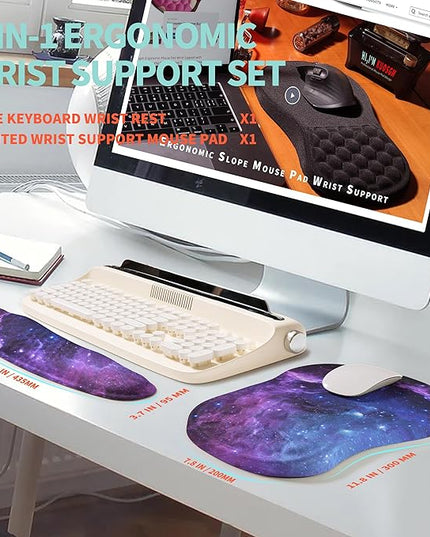 2-in-1 Ergonomic Set, Wave Rise Keyboard Wrist Rest and Massage Bulge Slope Mouse Pad Wrist Support, Cushion Memory Foam Integrated to Relieve Wrist Pain, Galaxy