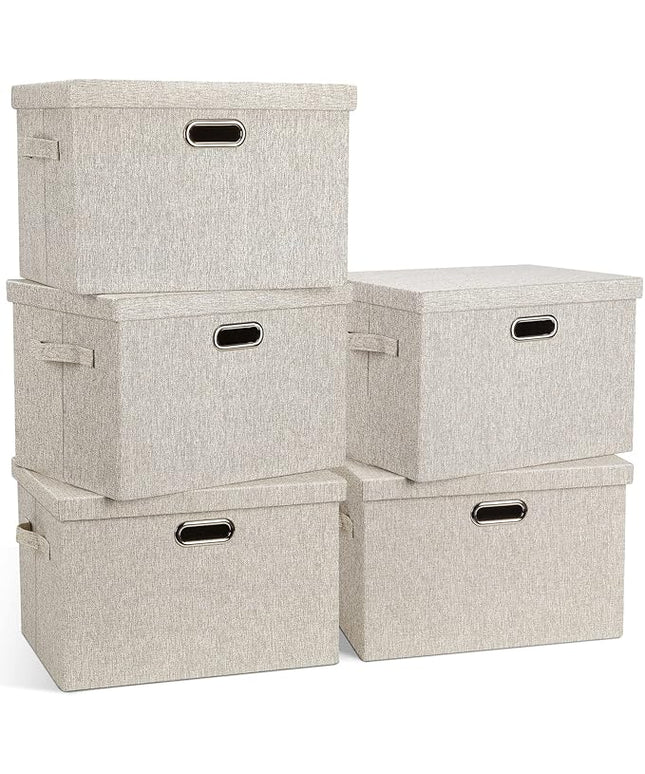Large 17" 36 Quart Collapsible Stackable Storage Bins with Lids, 5 Packs Beige Linen Fabric Closet Boxes with Lids, Storage Cube Baskets Container Organizers for Bedroom Office(17 x12 x11)