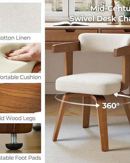 Fat Ant Office Chair No Wheels - Mid Century Modern Desk Chair, Fabric Upholstered Accent Arm Chair with Walnut Legs for Small Spaces Home Office Living Room Bedroom Study, Off White