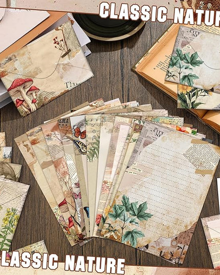 TaoBary 160 Pcs Stationery Paper Set 50 Double Sided Stationery Papers with 50 Matching Envelopes and 60 Round Dot Sticker, 10 Design(Nature Vintage Style,5.5 x 8.25 Inch)