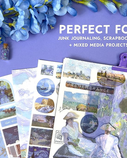 Fayware Vintage Journaling Supplies for Junk Journal - 487 Scrapbooking Stickers & 20 Ephemera Papers Washi Stickers with Art Famous Paintings