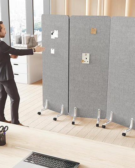 70.8" W x 63" H Freestanding Partition Room Dividers, Acoustic Panels with Wheels, 3 Soundproof Privacy Panels for Office, Reception Room, School, Hospital, Light Grey