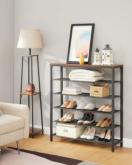 VASAGLE 6-Tier Shoe Rack, Shoe Organizer for Closet, Entryway, 24-30 Pairs of Shoes, Large Shoe Rack Organizer with 5 Metal Mesh Shelves, 11.8 x 39.4 x 43.3 Inches, Rustic Brown and Black ULBS016B01