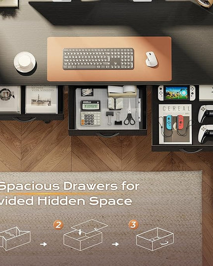 PRAISUN 55 Inch L Shaped Office Desk with Power Outlets and Type-C Port, Large Computer Gaming Desk with 3 Fabric Drawers, Mesh Shelves, Corner Study Work Writing Desk, Black