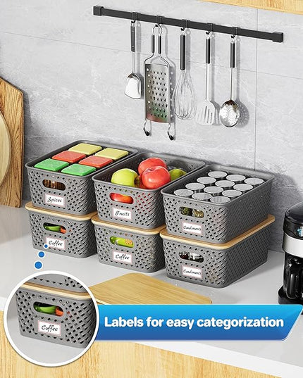 8 Packs Plastic Storage Bins with Bamboo Lids - Stackable Storage Bins Decorative Small Basket Containers for Organizing Shelves Office Classroom Desktop Closet, Grey