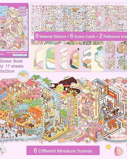 ASTARON 6 Sets DIY 3D Sticker Scene Book Sticker Therapy for Adults, Make Your Own Mini Cozy Shop House Room Stickers Cute Cartoon Miniature Stickers, Relief Stress Pass The Time