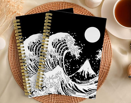 Knibeo Japanese Wave with Sun Black and White Art Lined Hardcover Spiral Notebook Journal 5.5×8.3 Inch,College Ruled Notebook for Work Notes Journaling,Gifts for Cat Lovers Women Girls