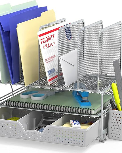 Simple Houseware Mesh Desk Organizer with Sliding Drawer, Double Tray and 5 Upright Sections, Silver