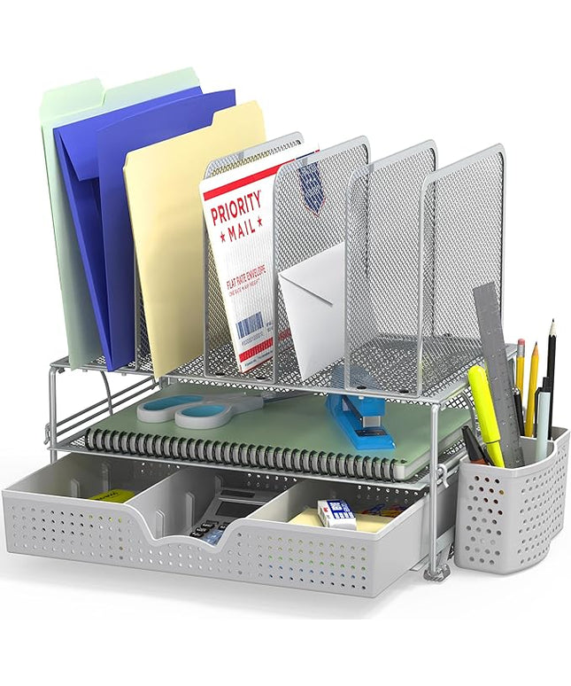 Simple Houseware Mesh Desk Organizer with Sliding Drawer, Double Tray and 5 Upright Sections, Silver