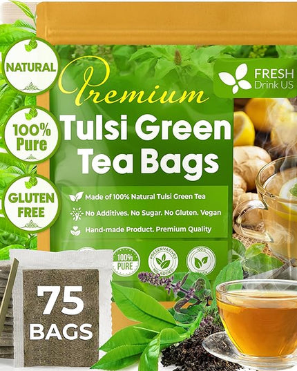 FreshDrinkUS, Premium 75 Tulsi Green Tea Bags, 100% Natural, Blend of Tulsi Holy Basil Leaves, and Green Tea Leaves. Made with Natural Material Tea Bags. No Sugar, Vegan.