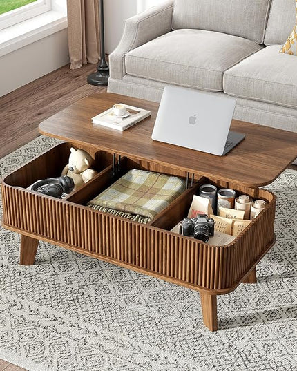 LCVTND Fluted Lift Top Coffee Table with Storage, Modern Wood Coffee Table Retro Center Table with Hidden Lifting Table Top Compartment for Living Room, Home, Office, Walnut