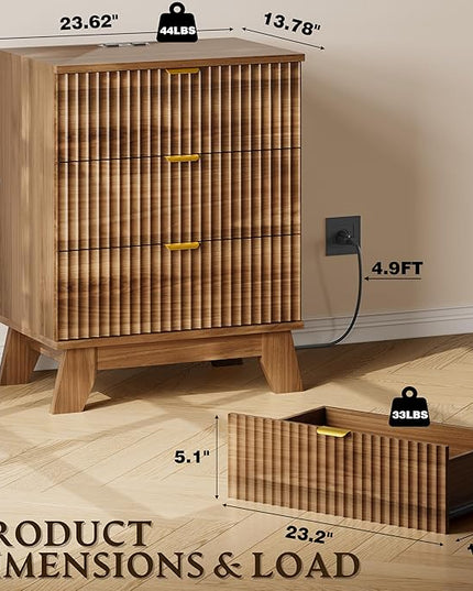 BORNOON 30.5" Nightstand with Charging Station, 3-Drawer Fluted Bedroom Chest, Wood Bedside Dresser with Power Outlets and USB Ports, Stable Base, Modern Storage Cabinet for Small Spaces