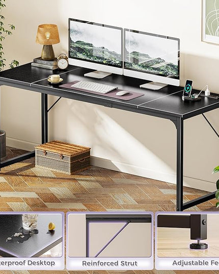 PRAISUN 70 X 24 Inch Office Computer Desk with Power Outlets and USB-C Port, Larger and Longer Gaming Desk, for Home Office, Study, Writing Work from Home Table, Metal Frame, Black