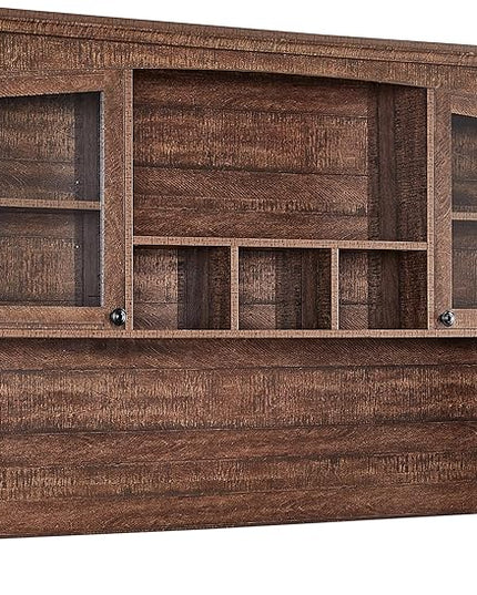 OKD Farmhouse Hutch for 60" Executive Desk, Office Desk Storage Cabinet with Glass Doors and Shelves, Top Hutch Organizer for Home Office - Reclaimed Barnwood
