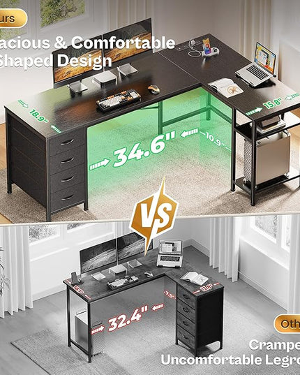 Huuger 63 Inch L Shaped Desk with Fabric Drawers, Reversible Computer Gaming Desk with Power Outlets and USB-C Port, Adjustable Side Storage Shelves, for Work Study Corner Home Office, Black