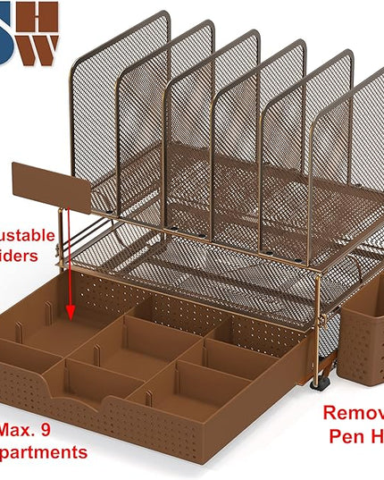 Simple Houseware Mesh Desk Organizer with Sliding Drawer, Double Tray and 5 Upright Sections, Copper