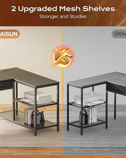 PRAISUN 55 Inch L Shaped Office Desk with Power Outlets and Type-C Port, Large Computer Gaming Desk with 3 Fabric Drawers, Mesh Shelves, Corner Study Work Writing Desk, Black