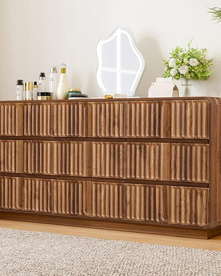 Fluted 9 Drawer Dresser for Bedroom, 60" Wide Modern Chest of Storage Drawers, Wood Dresser & Chest of Drawers with Curved Corners, Dressers TV Stand for Living Room (60" Walnut 9 Drawer)