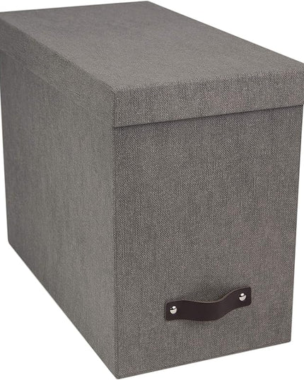 Bigso John Desktop File Box - Storage Solution and Document Organizer for Important Paperwork - Durable Hanging File Box with a Lid and Leather Handle - 7.36 in x 13.26 in x 10.51 in - Grey