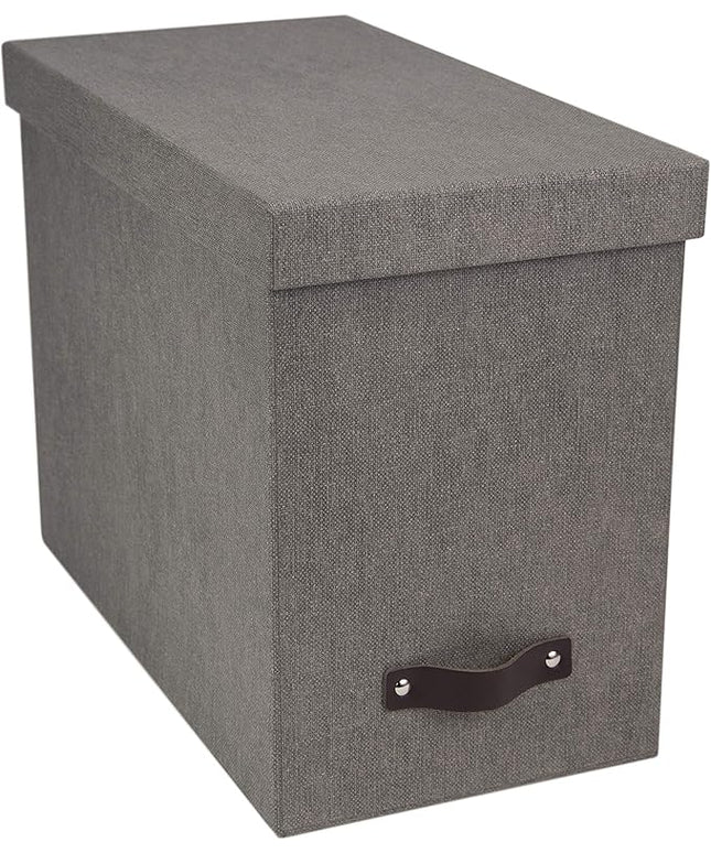 Bigso John Desktop File Box - Storage Solution and Document Organizer for Important Paperwork - Durable Hanging File Box with a Lid and Leather Handle - 7.36 in x 13.26 in x 10.51 in - Grey