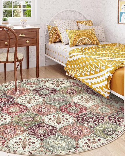 Lahome Moroccan Trellis Washable Round Area Rug, Soft Round Rugs 6ft Ultra-Thin Non-Slip, Vintage Large Circle Carpet for Bedroom Living Room Kitchen Nursery, Orange/Terracotta