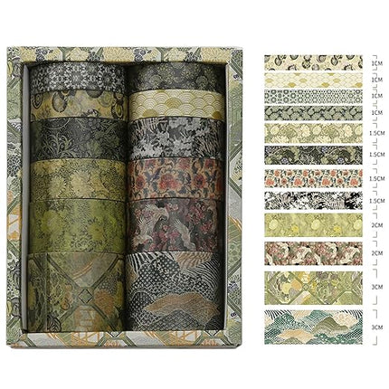 Songdao 12 Rolls Kyoto Charm Washi Tape Set Japanese Arts Adhesive Tapes Geometric Garden Decorative Masking Tape Sets for Craft, Kids, Scrapbook, DIY, Gift Wrapping (Green Song)