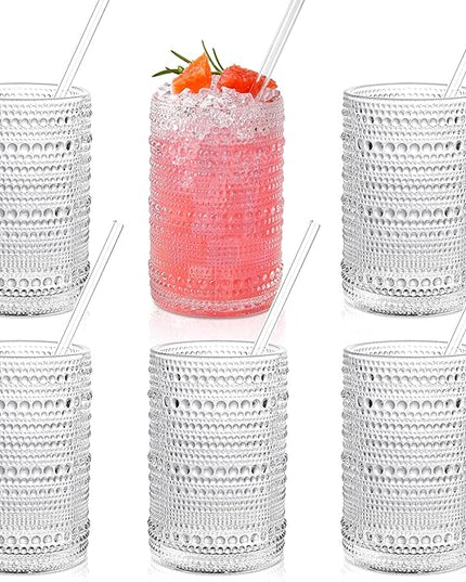 Hobnail Drinking Glasses with Straws 15oz Vintage Glassware Set of 6 Embossed Vintage Water Cups, Highball Glasses for Cocktail,Whiskey,Beer and Juic