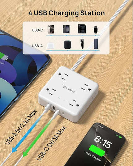 TROND 360° Rotating Plug Power Strip, 3FT Flat Extension Cord with Multiple Outlets 4 USB (2 USB C), Wall Mount Surge Protector 1440 Joules for Home Office Travel Dorm Room Essentials, White