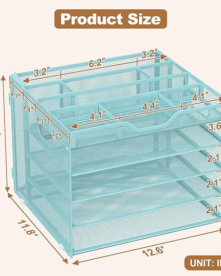 Docnest 5 Tier Letter Tray with Hanging File Organizer-Mesh Desk Organizer-Desktop Storage Box Built in Pen Holder and Handles, File Folder Holder for Mail Documents Office Supplies-Blue